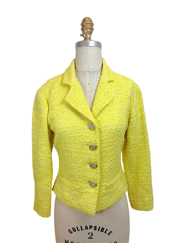 Authentic Chanel Cruise 2012 runway Look 1 yellow bouclé tweed jacket front view with crystal CC buttons and tailored silhouette by Karl Lagerfeld