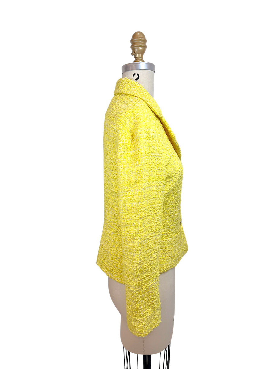Right side profile of Chanel Cruise 2012 runway yellow bouclé tweed jacket designed by Karl Lagerfeld