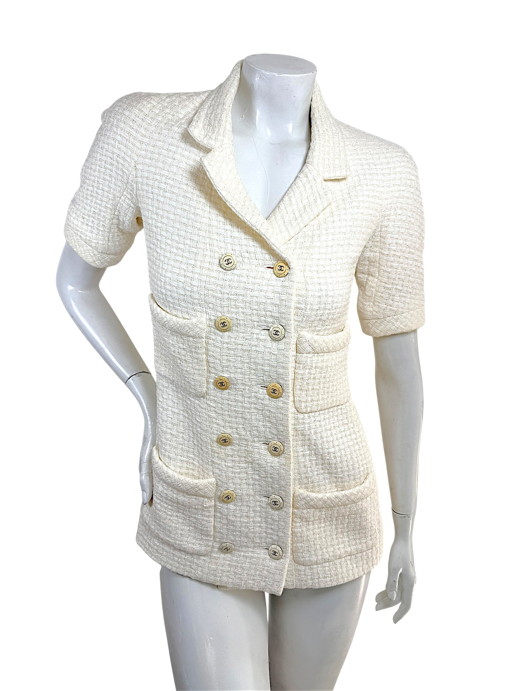 Chanel Cruise 2014 ivory textured tweed double-breasted jacket with CC logo buttons front view