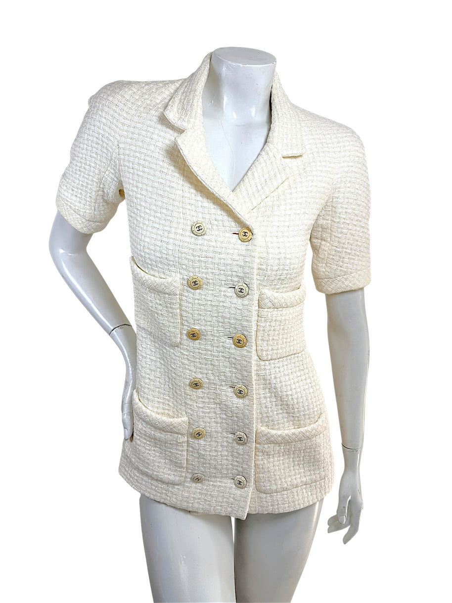 Chanel Cruise 2014 ivory textured tweed double-breasted jacket with CC logo buttons front view