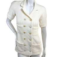 Chanel Cruise 2014 ivory textured tweed double-breasted jacket with CC logo buttons front view