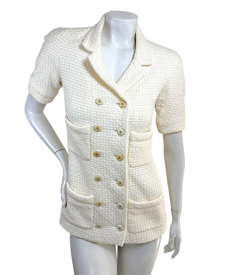 Chanel Cruise 2014 ivory textured tweed double-breasted jacket with CC logo buttons front view