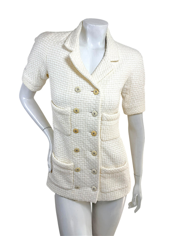 Chanel Cruise 2014 ivory textured tweed double-breasted jacket with CC logo buttons front view