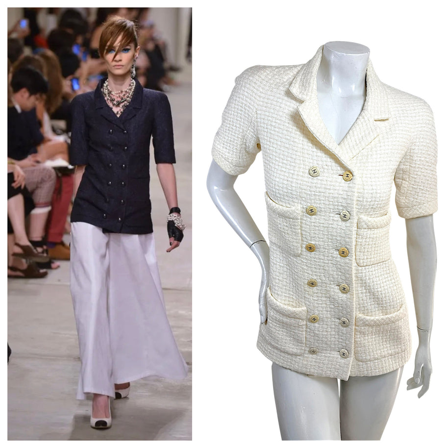 Side-by-side comparison of Chanel Cruise 2014 Look 11 runway jacket in navy and the authenticated ivory version available from Refined Concierge Consignment.