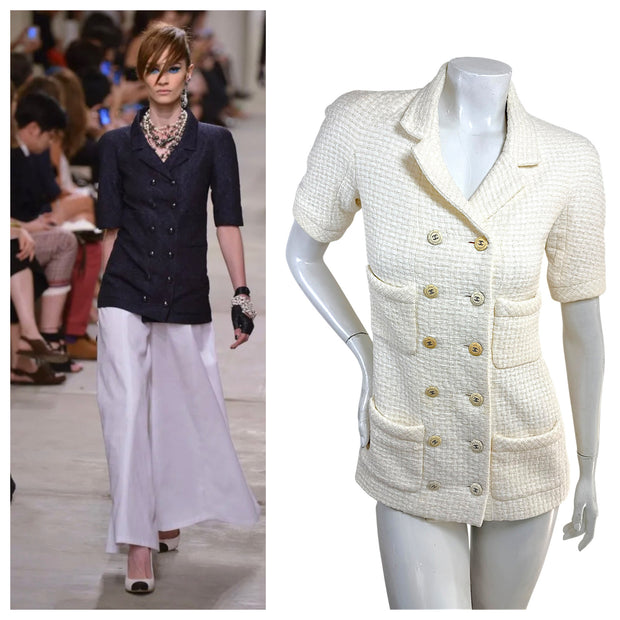 Side-by-side comparison of Chanel Cruise 2014 Look 11 runway jacket in navy and the authenticated ivory version available from Refined Concierge Consignment.