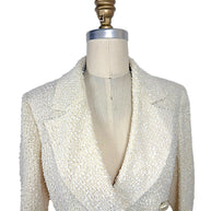 Close-up front view highlighting the oversized shawl collar, ivory fantasy tweed, and tailored silhouette of the Chanel Cruise 2019 Runway Look 26 jacket.