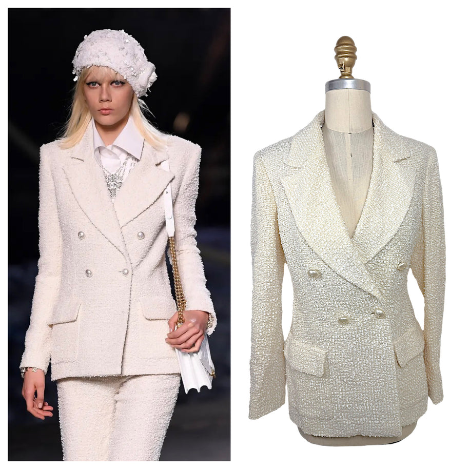 Chanel Cruise 2019 Runway Look 26 comparison showing the original Karl Lagerfeld runway styling beside the authentic ivory fantasy tweed double-breasted jacket offered by Refined Concierge Consignment.