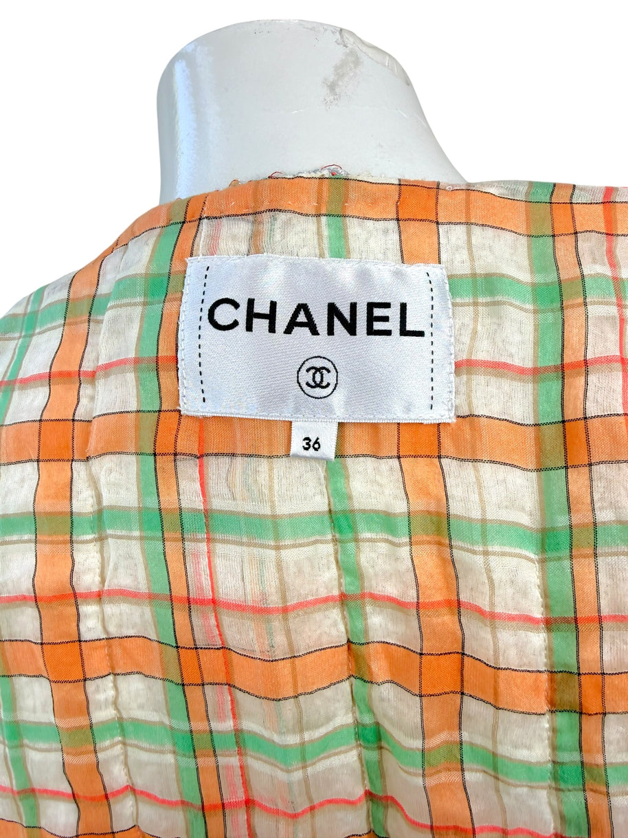 Chanel Cruise 2020 jacket interior plaid lining and Chanel label