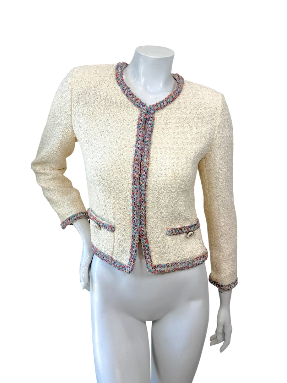 Chanel Cruise 2020 Look 74 ivory tweed jacket with multicolor trim front view