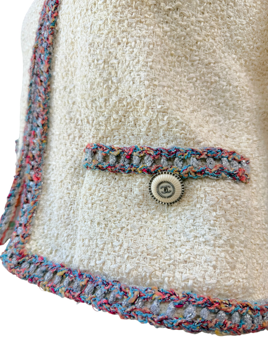 Chanel Cruise 2020 tweed jacket pocket trim and Chanel button detail