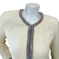 Chanel Cruise 2020 tweed jacket neckline and multicolor trim detail