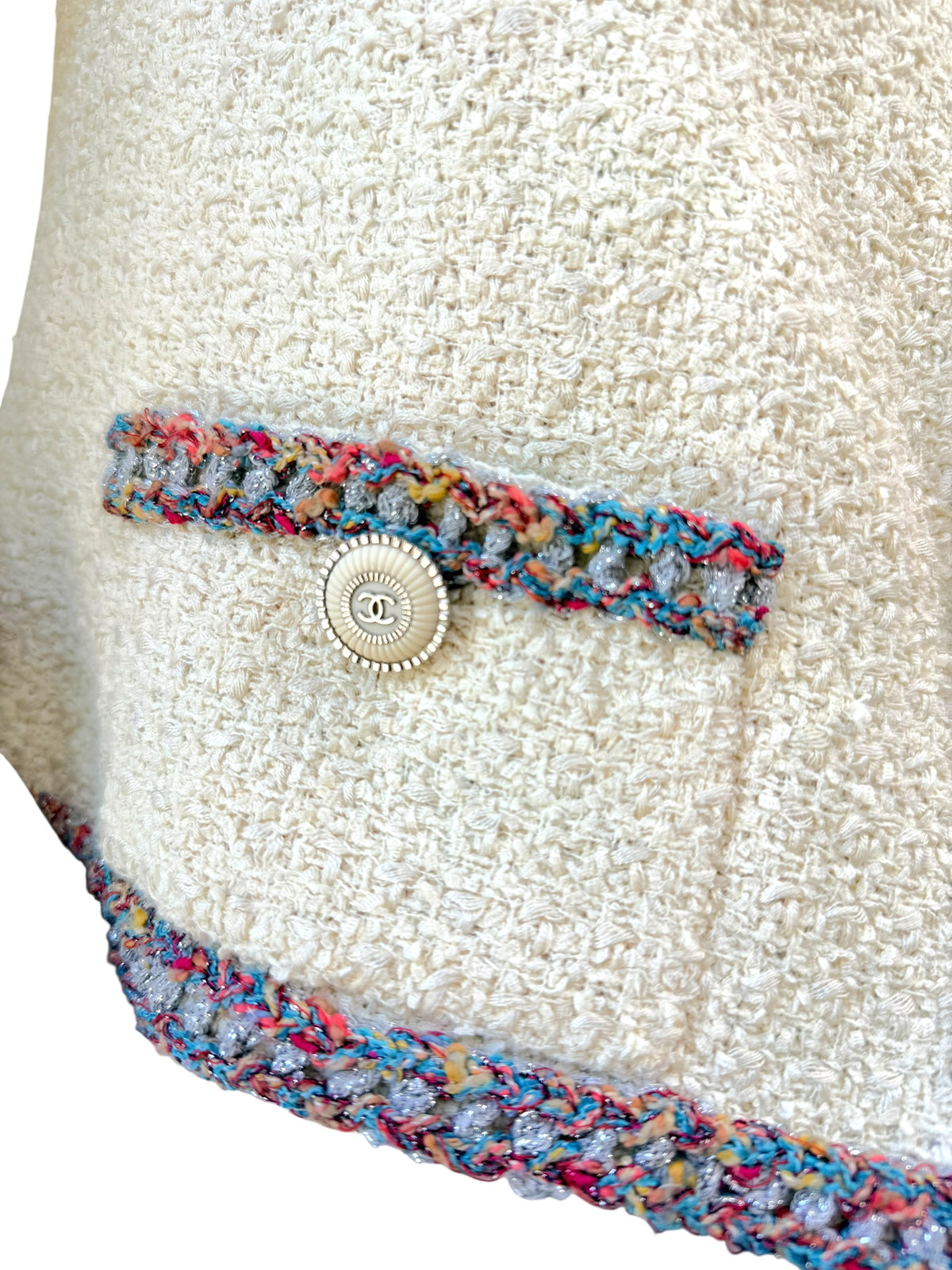 Chanel Cruise 2020 ivory tweed jacket pocket and multicolor trim detail
