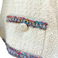 Chanel Cruise 2020 ivory tweed jacket pocket and multicolor trim detail