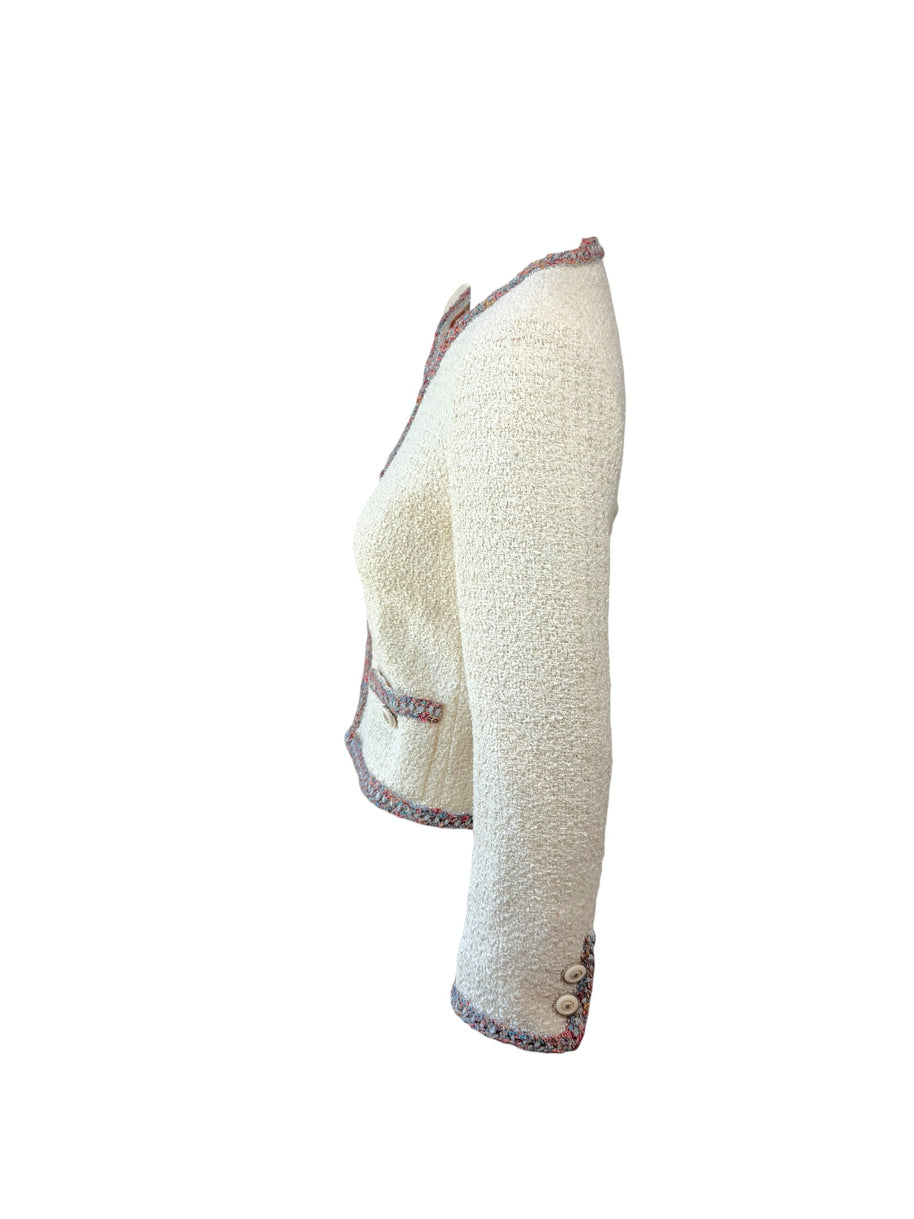 Chanel Cruise 2020 ivory tweed jacket sleeve and multicolor trim detail