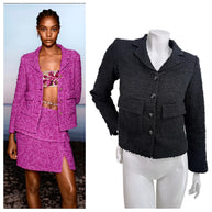 Side-by-side comparison of Chanel Cruise 2021 runway Look 13 jacket and black alternate colorway bouclé tweed jacket