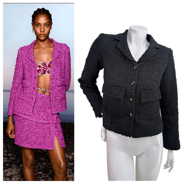 Side-by-side comparison of Chanel Cruise 2021 runway Look 13 jacket and black alternate colorway bouclé tweed jacket