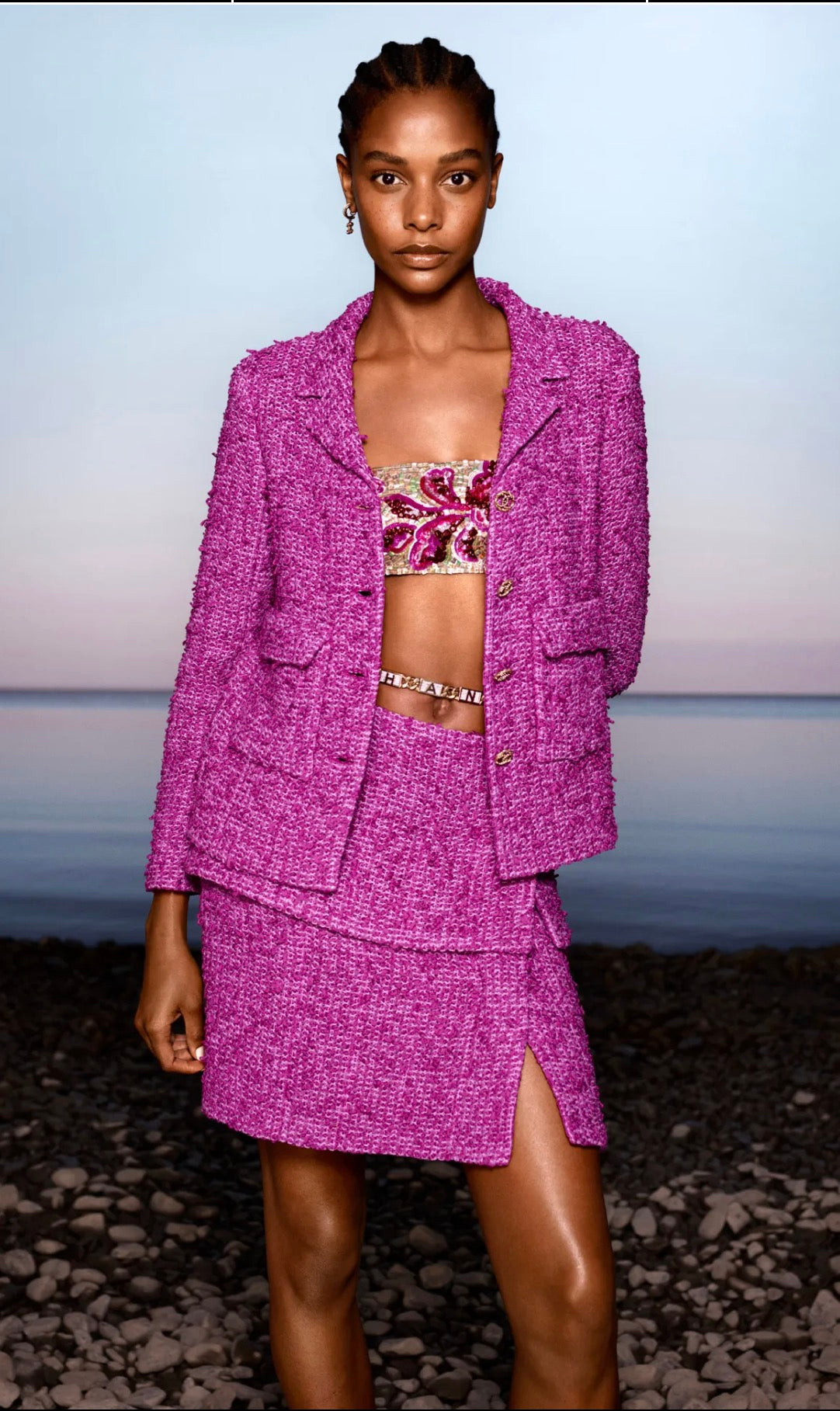 Chanel Cruise 2021 runway Look 13 pink bouclé tweed jacket and skirt set reference image designed by Virginie Viard