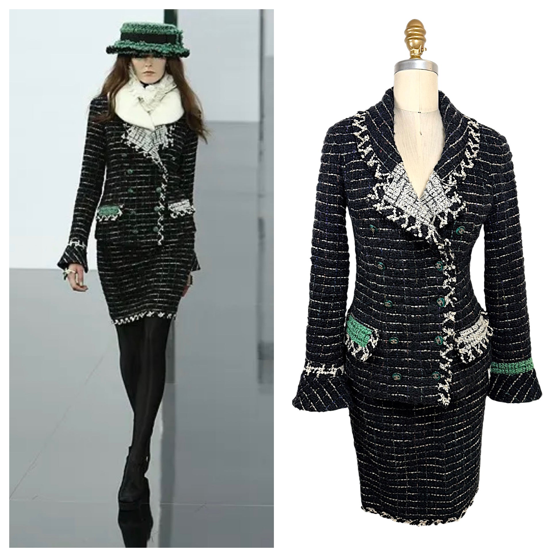 Documented Chanel Fall 2009 Runway Look 22 shown beside the matching black bouclé tweed jacket and skirt set with ivory fringe and emerald green accents.