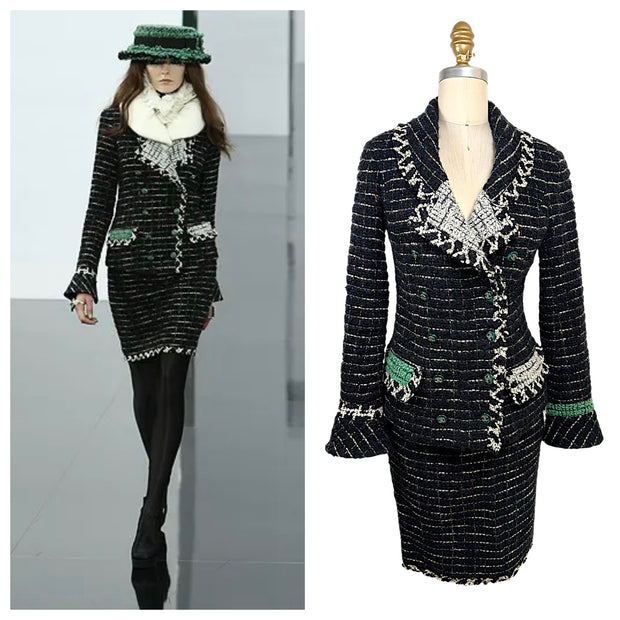 Documented Chanel Fall 2009 Runway Look 22 shown beside the matching black bouclé tweed jacket and skirt set with ivory fringe and emerald green accents.