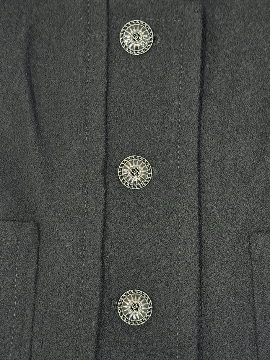 Chanel black wool silk jacket front button and fabric detail