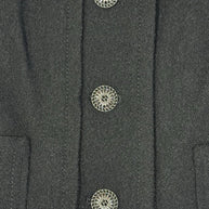 Chanel black wool silk jacket front button and fabric detail