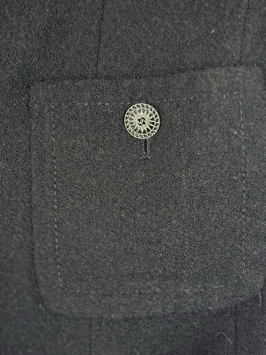 Chanel black wool silk jacket pocket and fabric detail