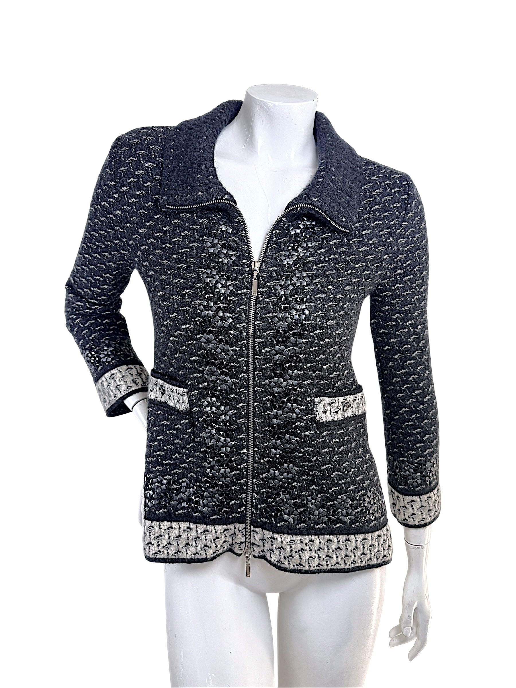 Chanel Fall Winter 2010 mohair cashmere tweed blend jacket with tonal appliqué embellishment front view