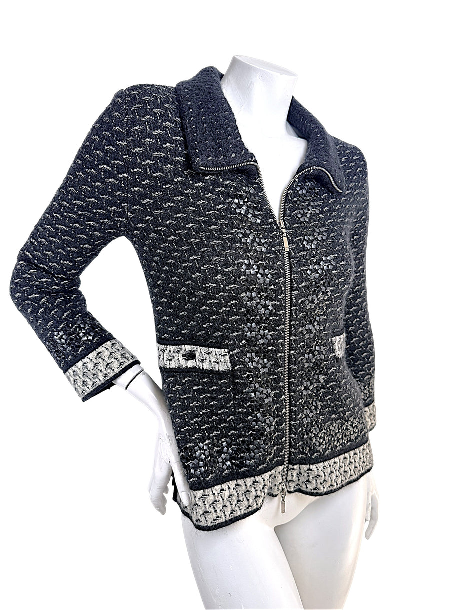 Angled front view of Chanel FW2010 mohair cashmere tweed blend appliqué jacket