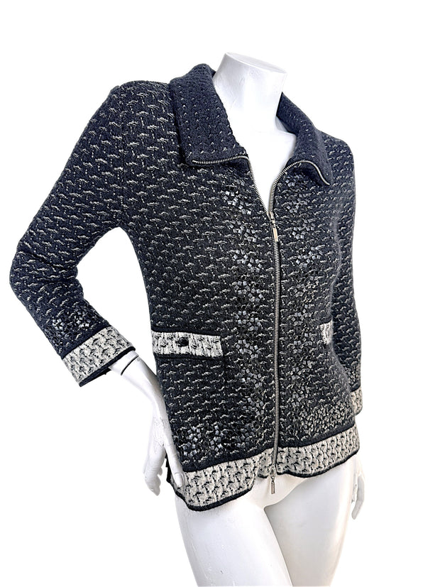 Angled front view of Chanel FW2010 mohair cashmere tweed blend appliqué jacket