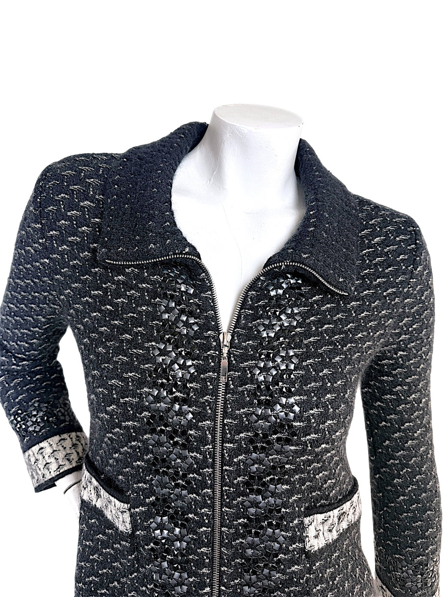 Close-up upper detail of Chanel FW2010 mohair cashmere tweed jacket with tonal appliqué trim