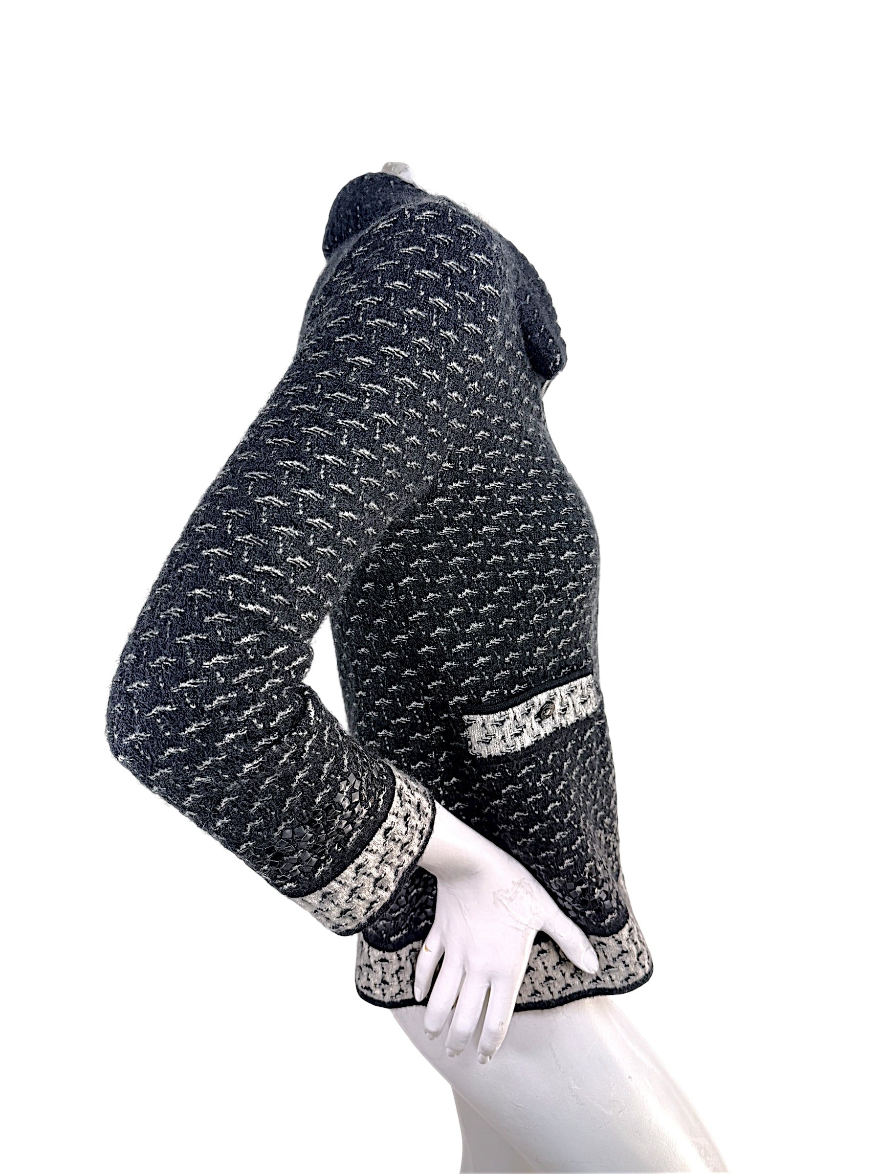 Side profile of Chanel Fall Winter 2010 mohair cashmere tweed jacket with appliqué detailing