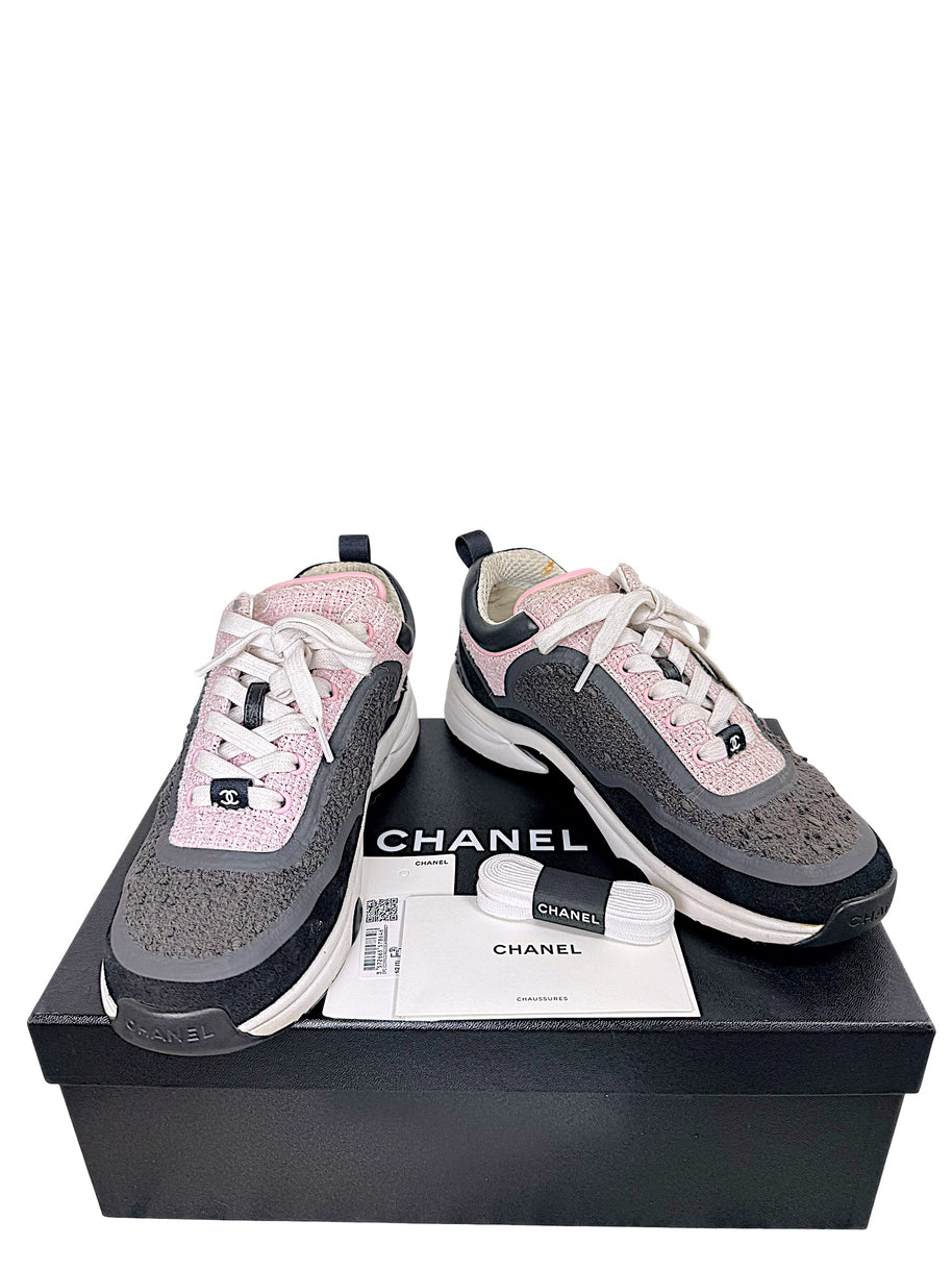 Chanel G34360 pink and grey tweed CC sneakers size 37.5 with original box and accessories