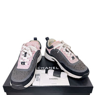 Chanel G34360 pink and grey tweed CC sneakers size 37.5 with original box and accessories