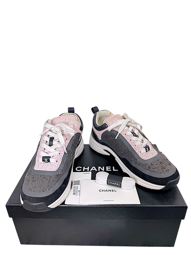 Chanel G34360 pink and grey tweed CC sneakers size 37.5 with original box and accessories