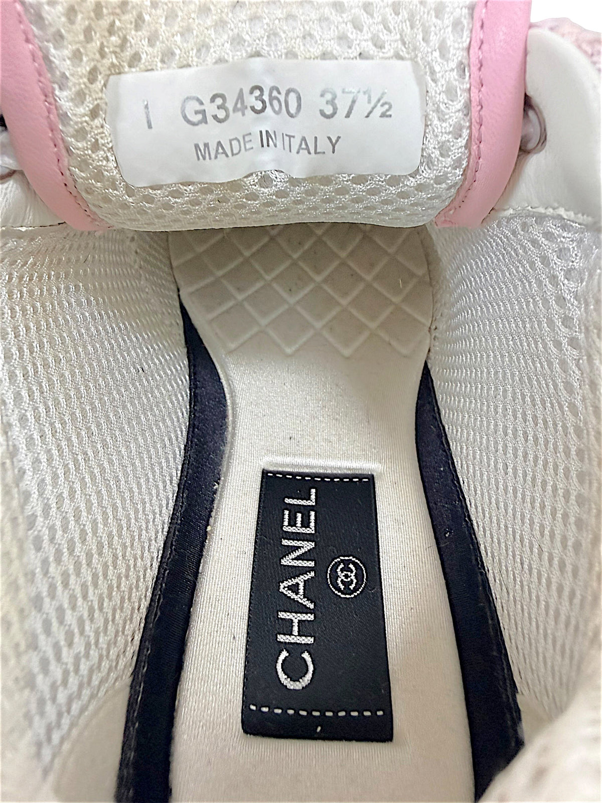 Chanel G34360 sneaker interior showing size 37.5 Made in Italy label and Chanel branded insole