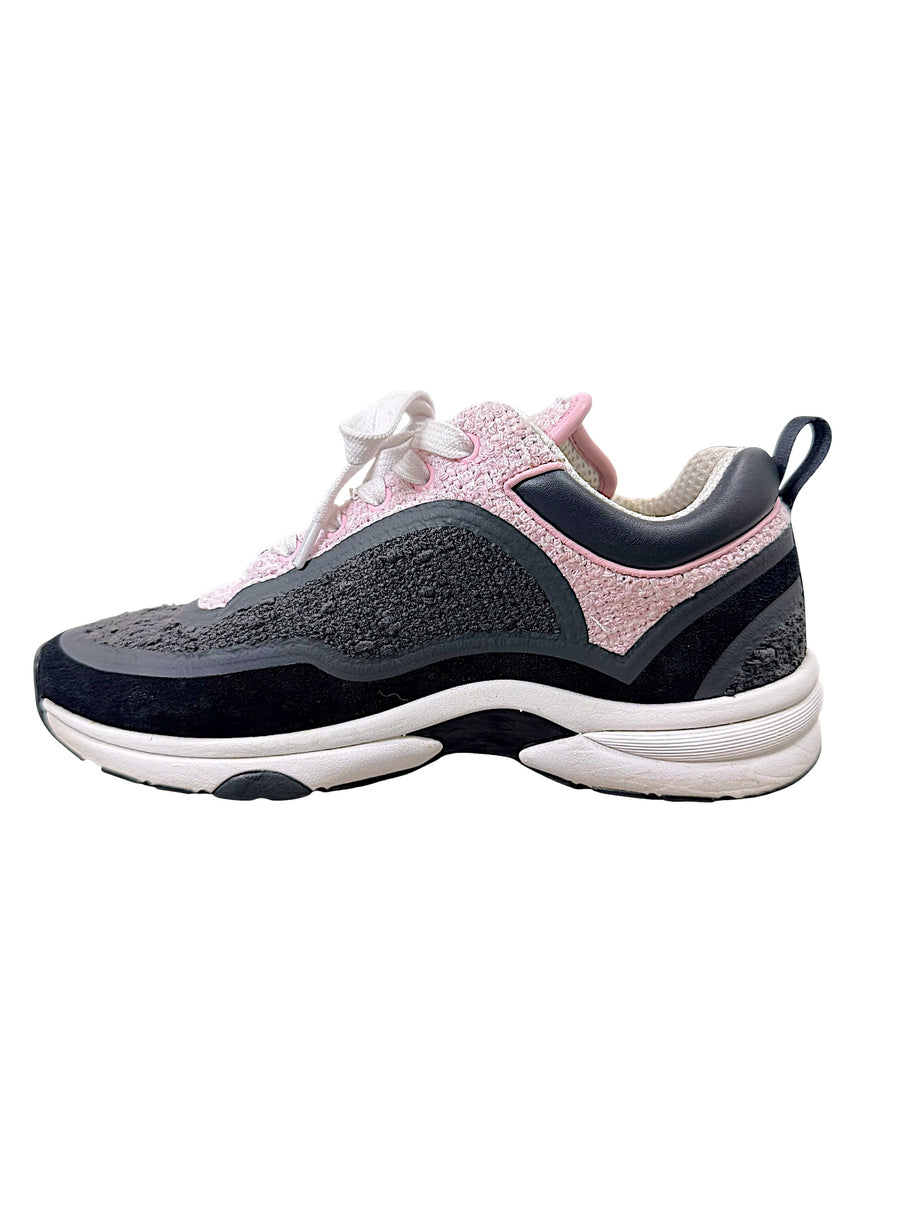Opposite side profile of Chanel pink grey and black tweed low-top sneaker