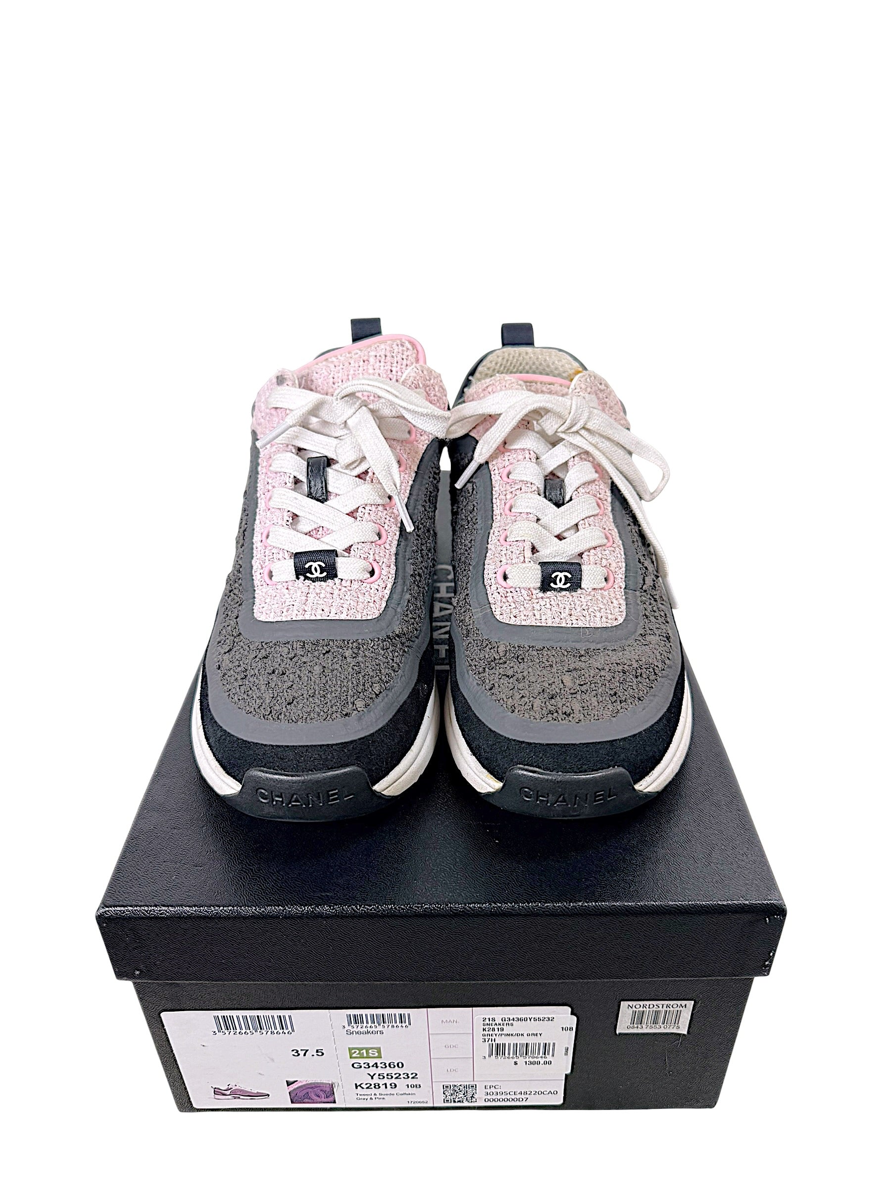 Front view of Chanel pink and grey tweed sneakers size 37.5 with original Chanel box label