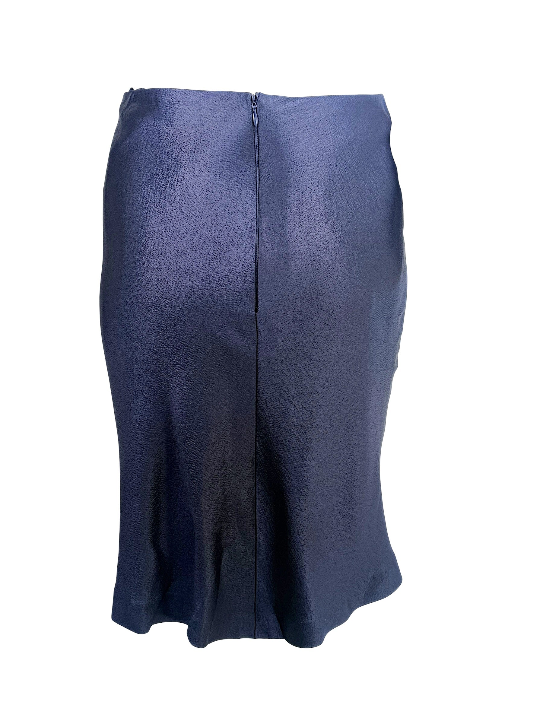 Back view of vintage Chanel Identification Collection navy metallic skirt with concealed rear zipper.