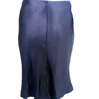 Back view of vintage Chanel Identification Collection navy metallic skirt with concealed rear zipper.