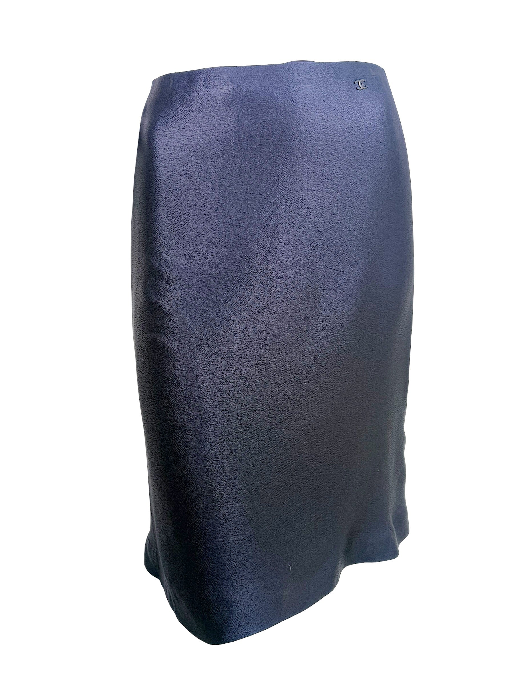 Front view of Chanel Identification Collection navy metallic coordinating skirt with subtle flared hem.