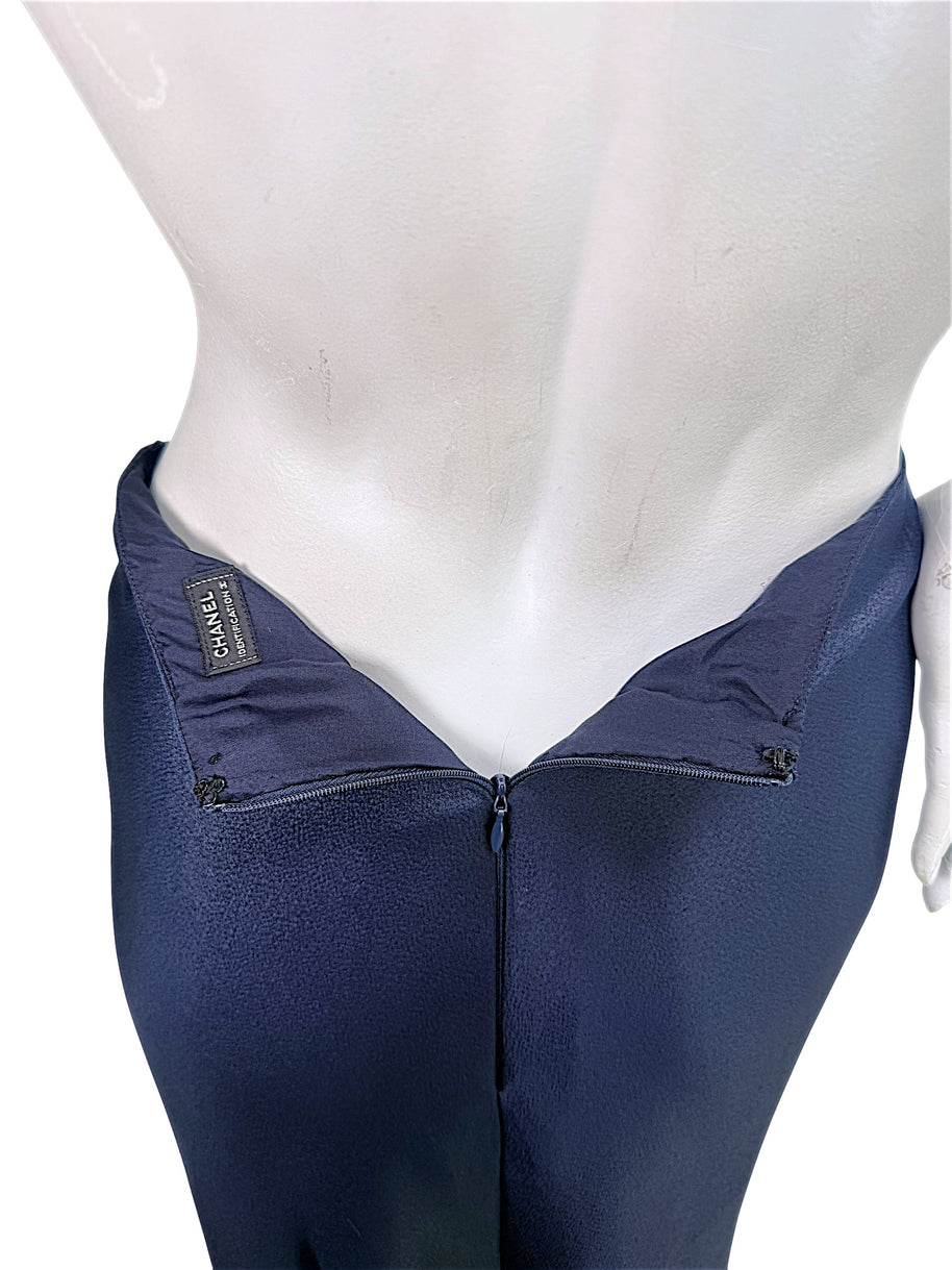 Interior Chanel Identification Collection label and zipper detail inside navy metallic coordinating skirt.