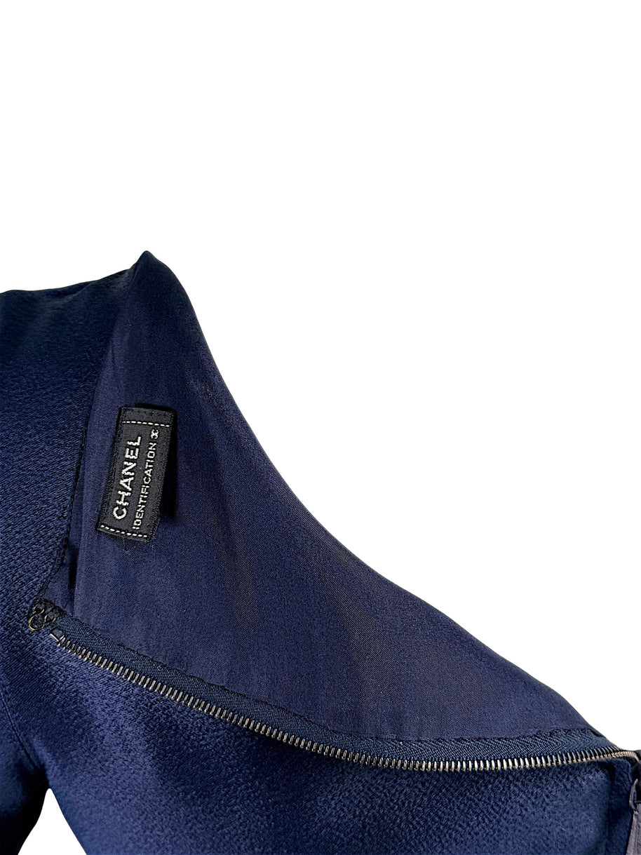 Interior Chanel Identification Collection label detail inside navy metallic top.