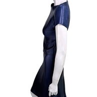 Side profile of vintage Chanel navy metallic Identification Collection skirt set showing drape and silhouette.