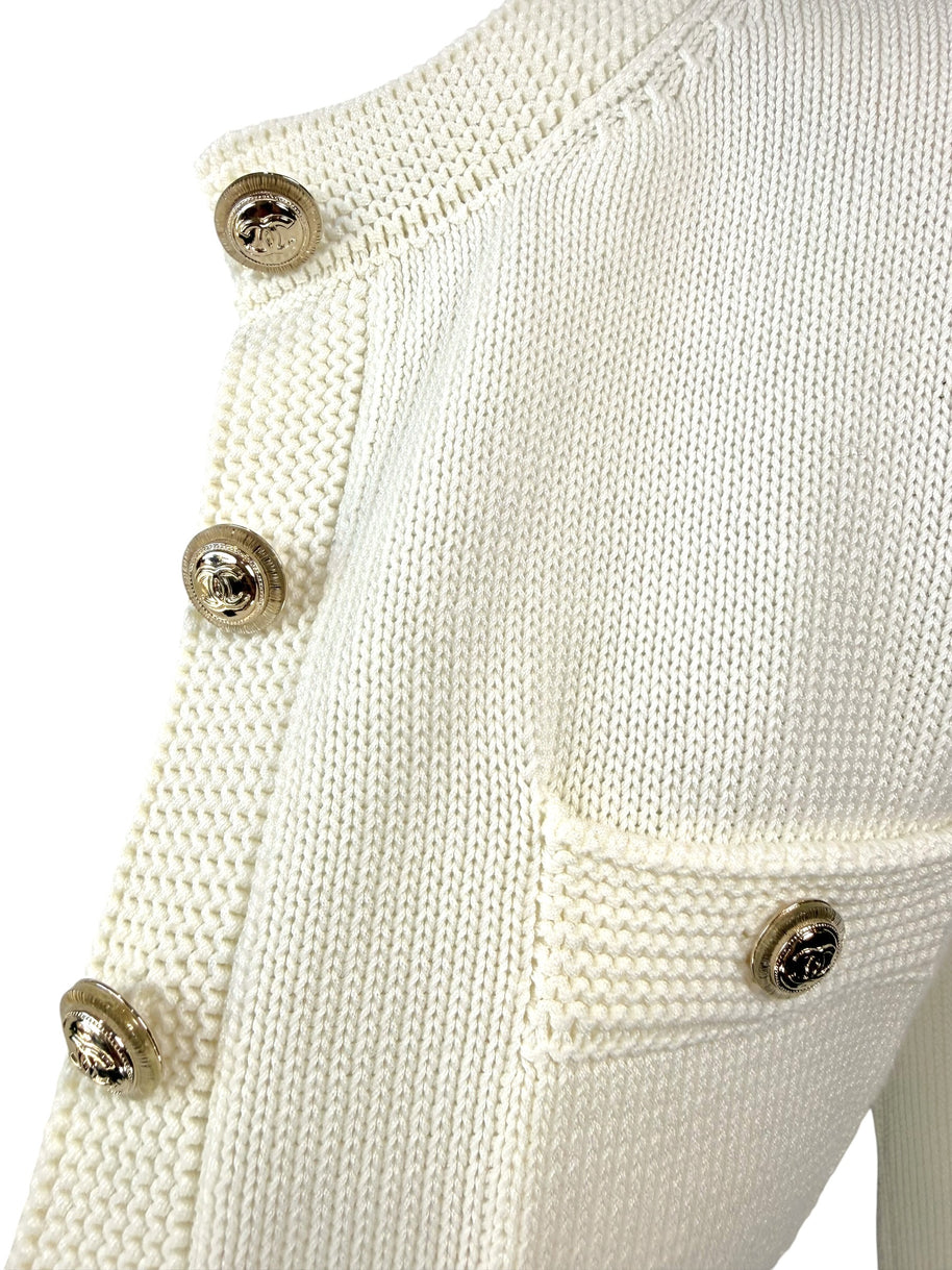 Chanel ivory textured knit cardigan with gold CC logo buttons detail