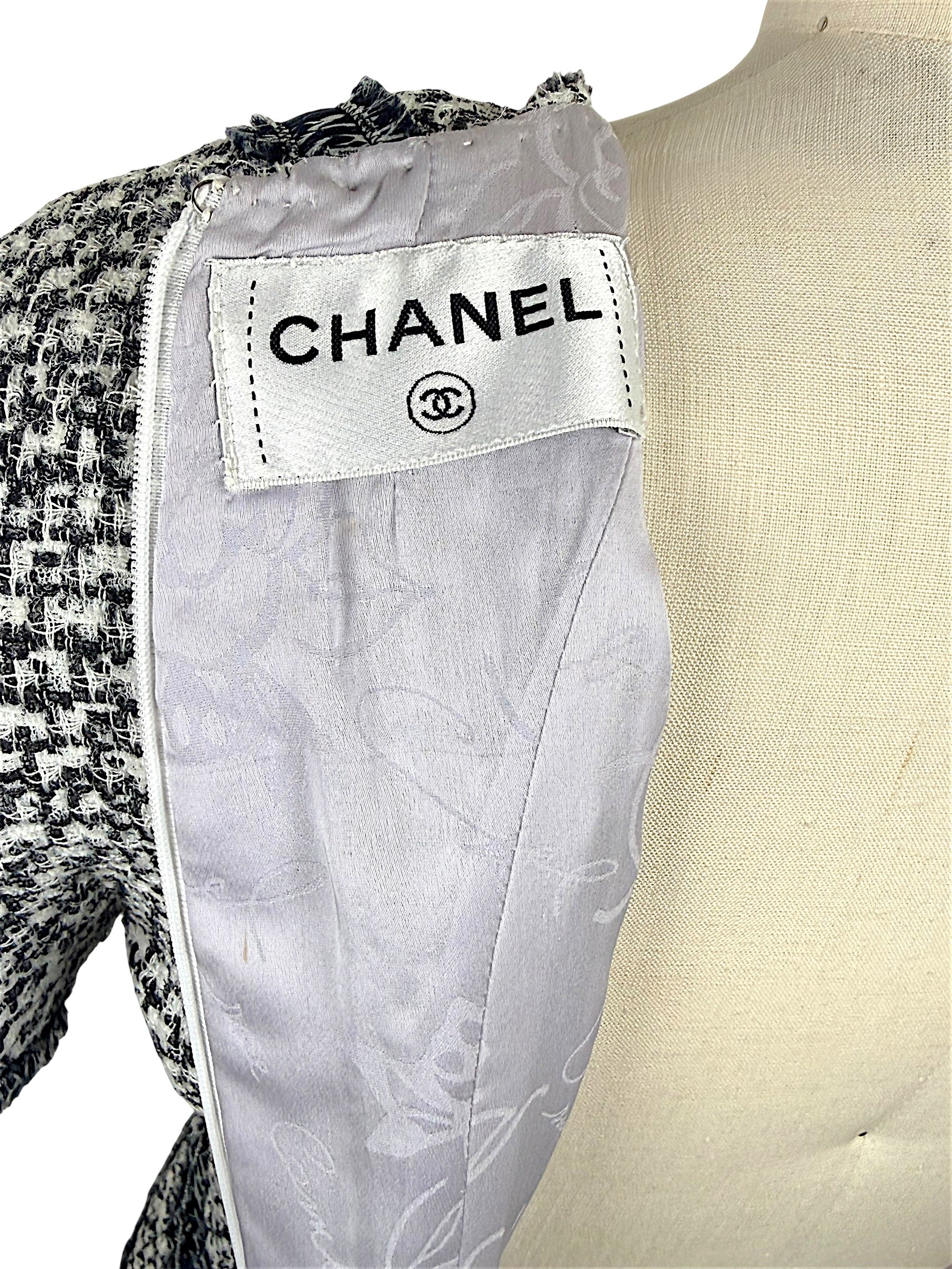 Authentic Chanel interior label detail on tweed mini dress