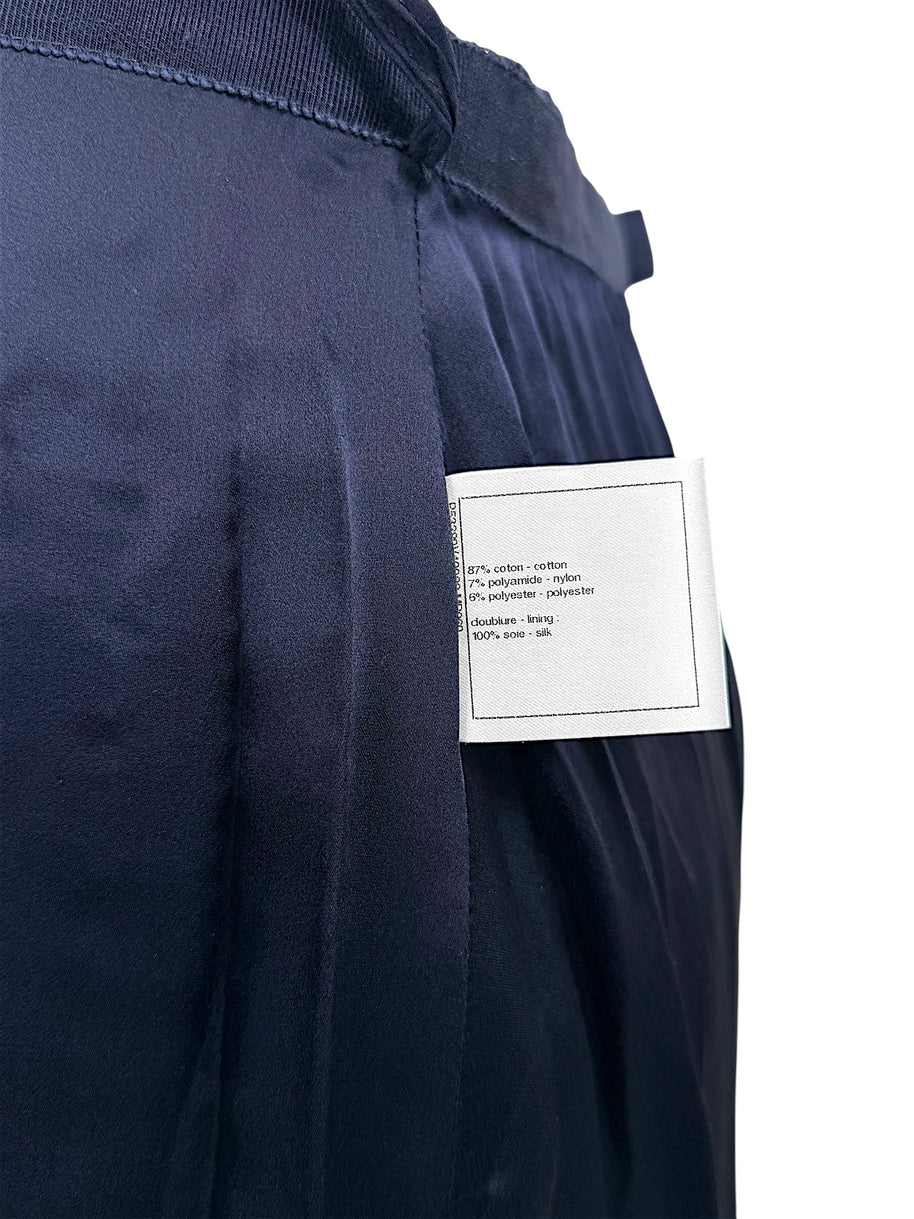 Chanel interior lining seam with fabric composition tag detail silk lining