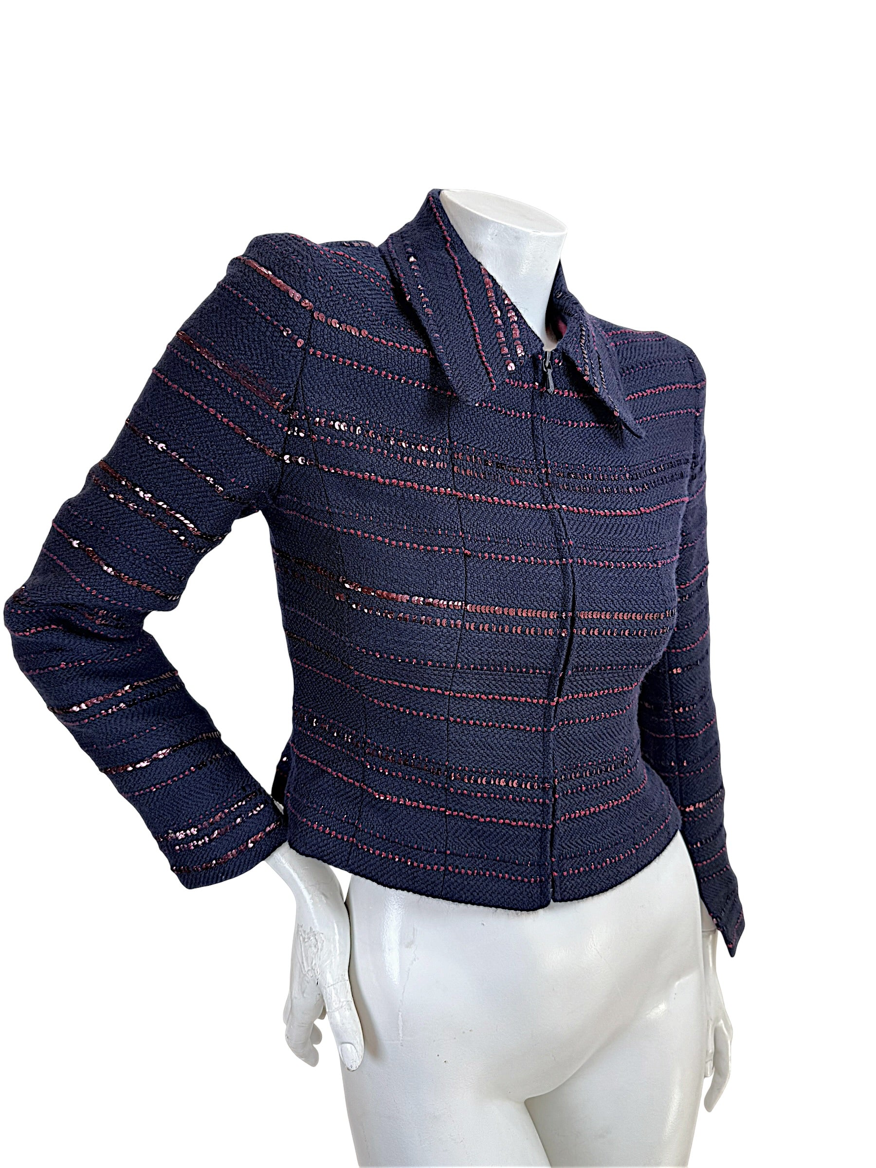 Chanel navy tweed sequin jacket angled front view showing tailored fit and textured fabric