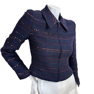 Chanel navy tweed sequin jacket angled front view showing tailored fit and textured fabric