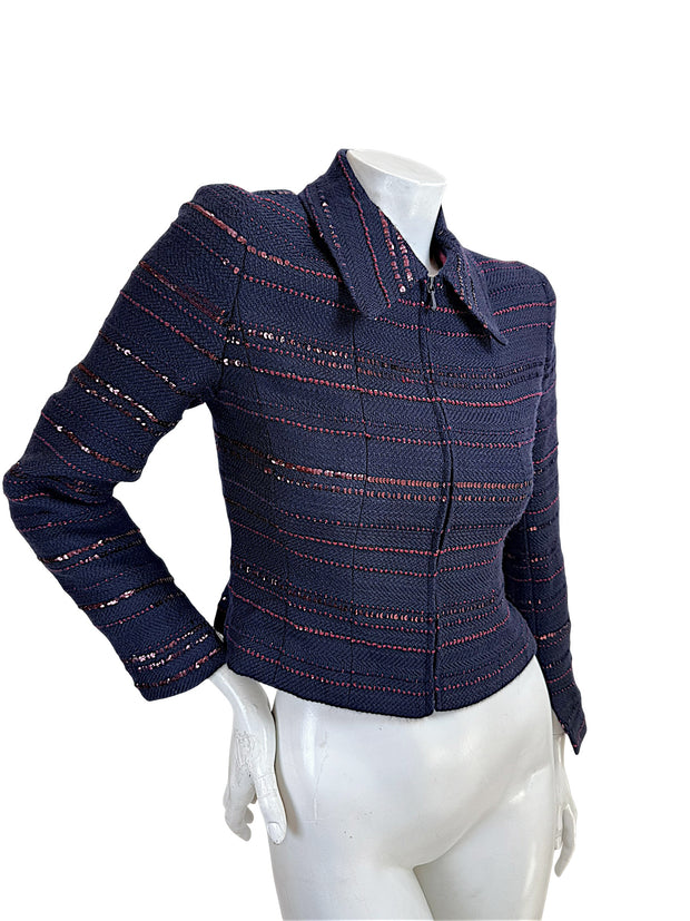 Chanel navy tweed sequin jacket angled front view showing tailored fit and textured fabric