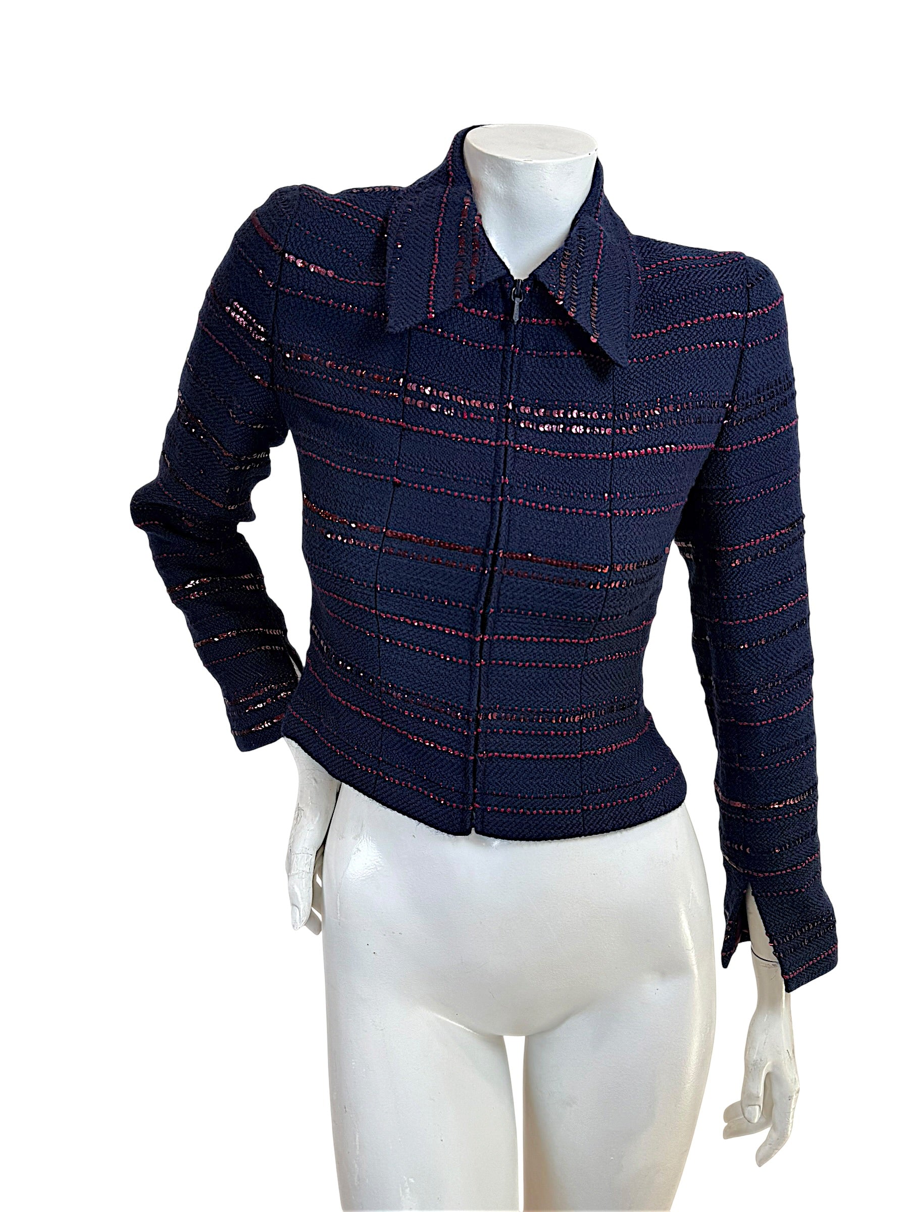 Chanel navy tweed jacket with burgundy sequin detailing front view zip closure structured silhouette